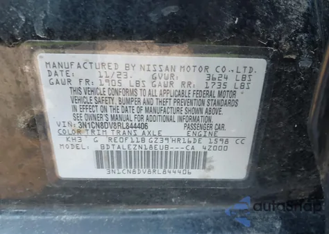 2024 Nissan Versa 1.6 S z USA, uszkodzony, nr VIN 3N1CN8DV8RL844406